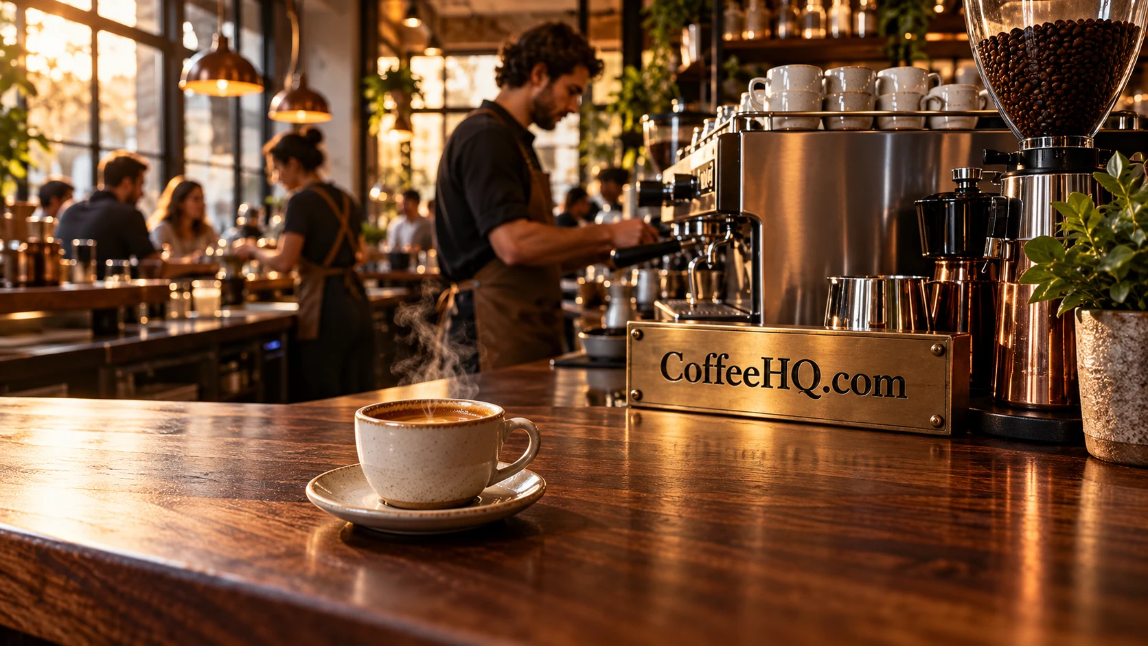 A warm specialty coffee bar with espresso equipment and cream ceramic cups