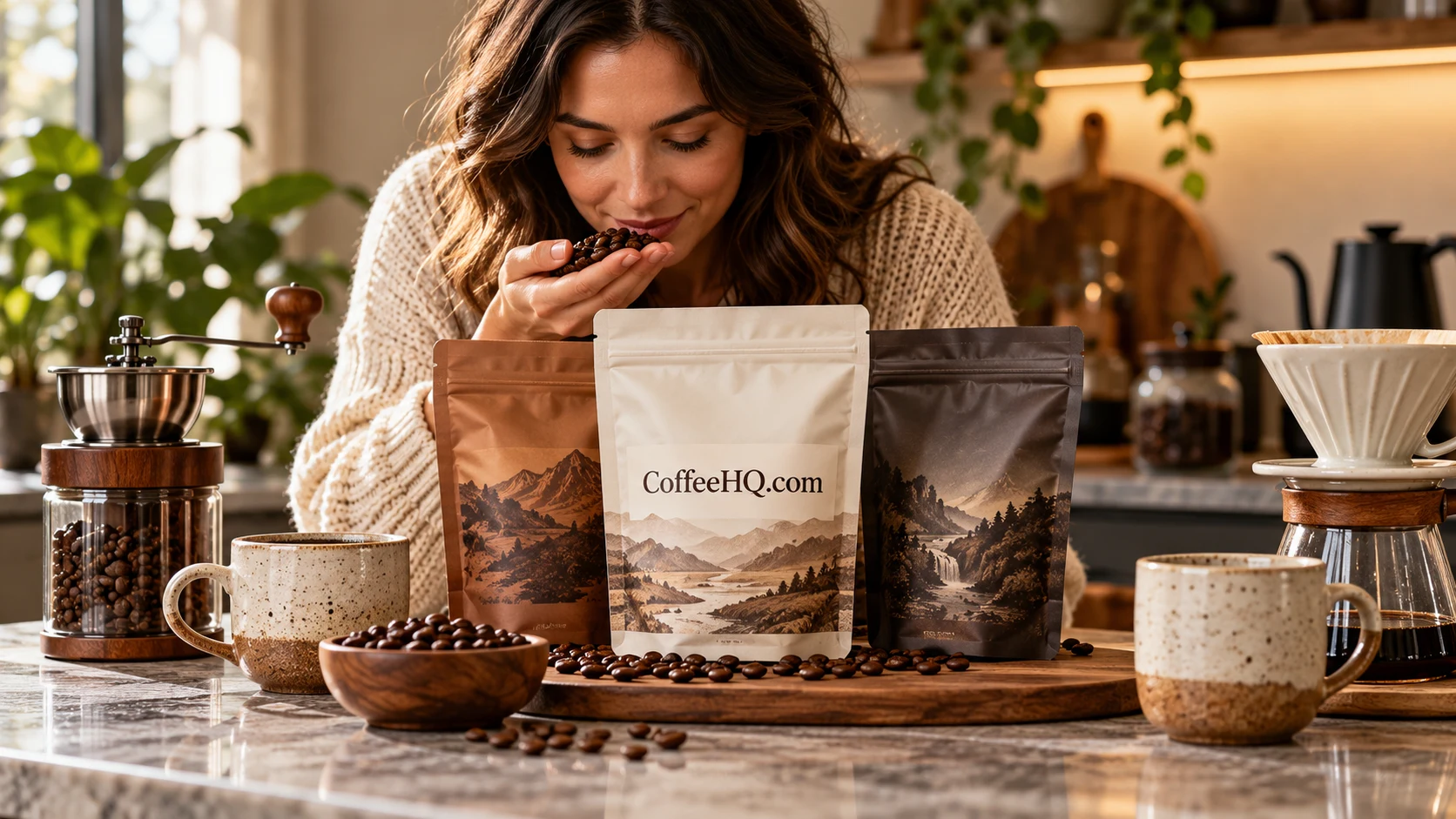 A woman smelling coffee beans beside three bags and home brewing equipment