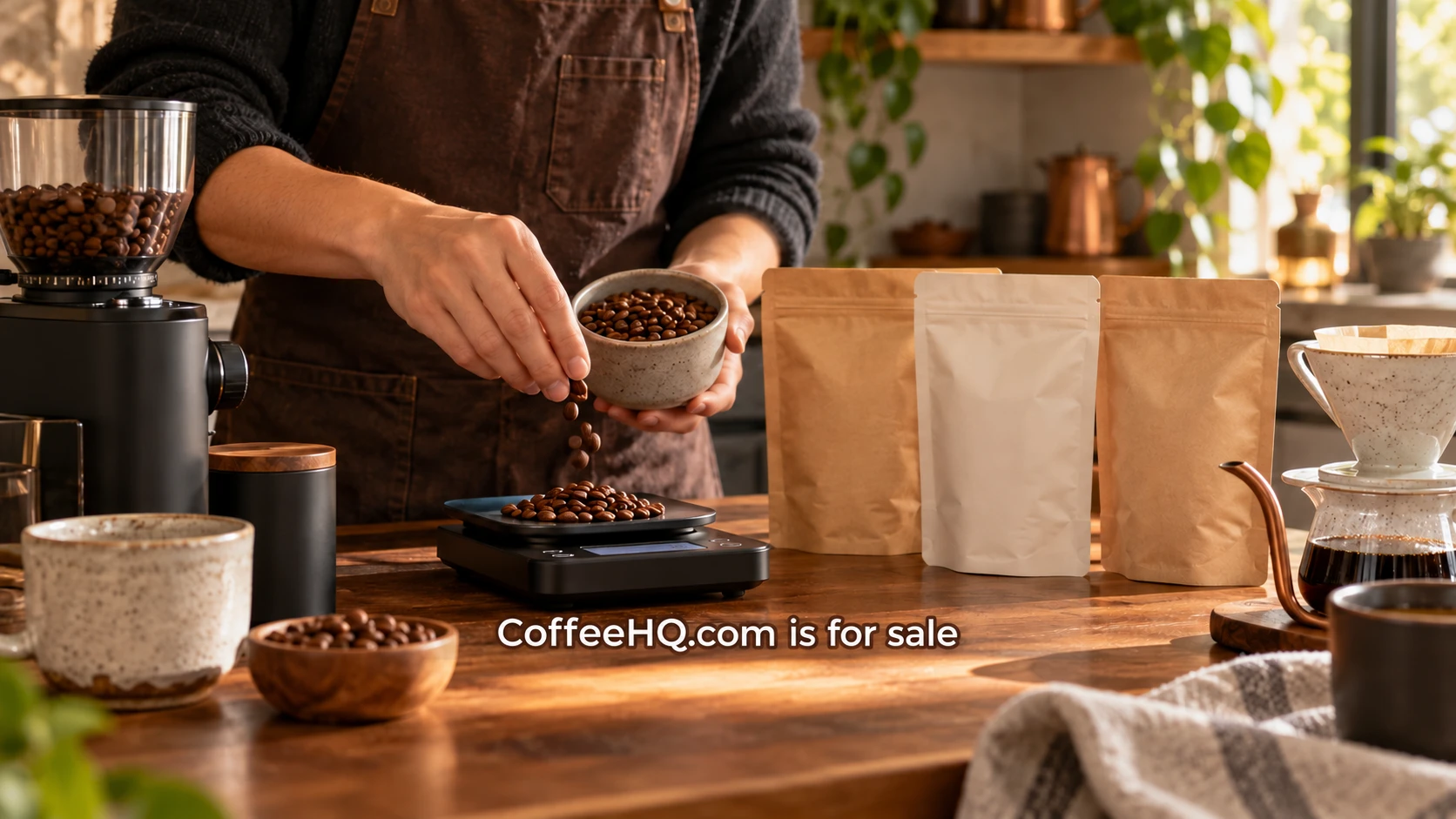 Hands weighing whole coffee beans beside three bags and home brewing equipment